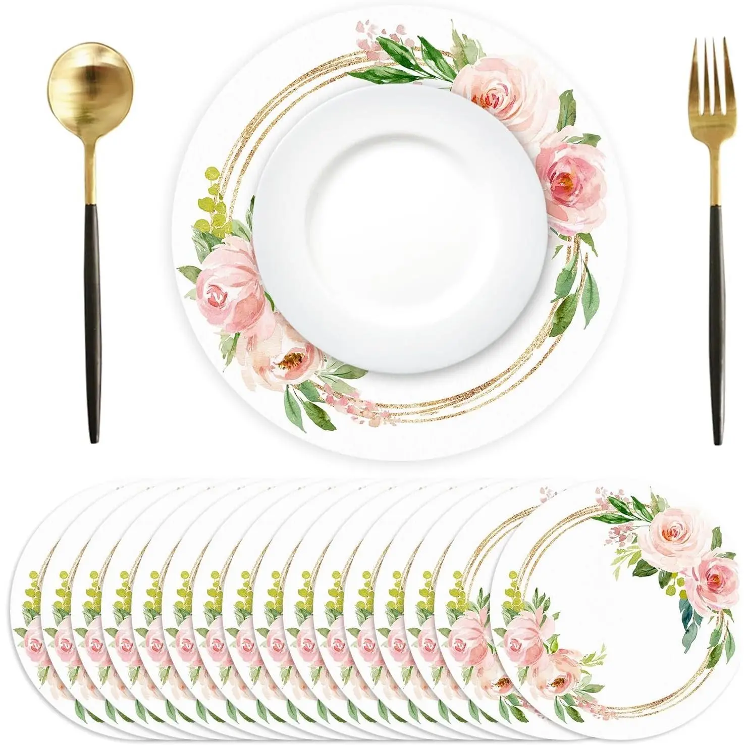 50 Pack Disposable Pink Rose Floral Paper Placemats 13.7 Inch Round Spring Summer Table Mats for Birthday Wedding Anniversary Bride Party Supplies