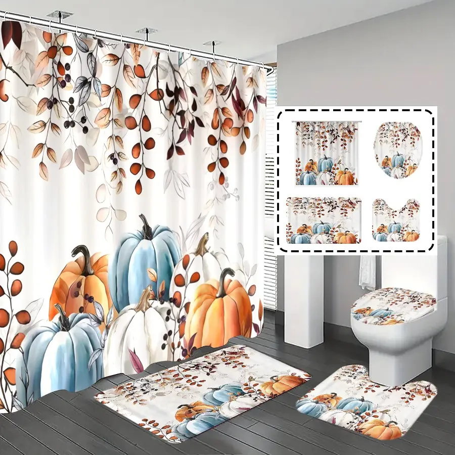 1PC/4PCS  Thanksgiving Pumpkin Bath Curtain Set, Non-Slip Bathroom Rug, Toilet Lid, 12 Hooks, Fall Festival Theme, 1pc/4pcs