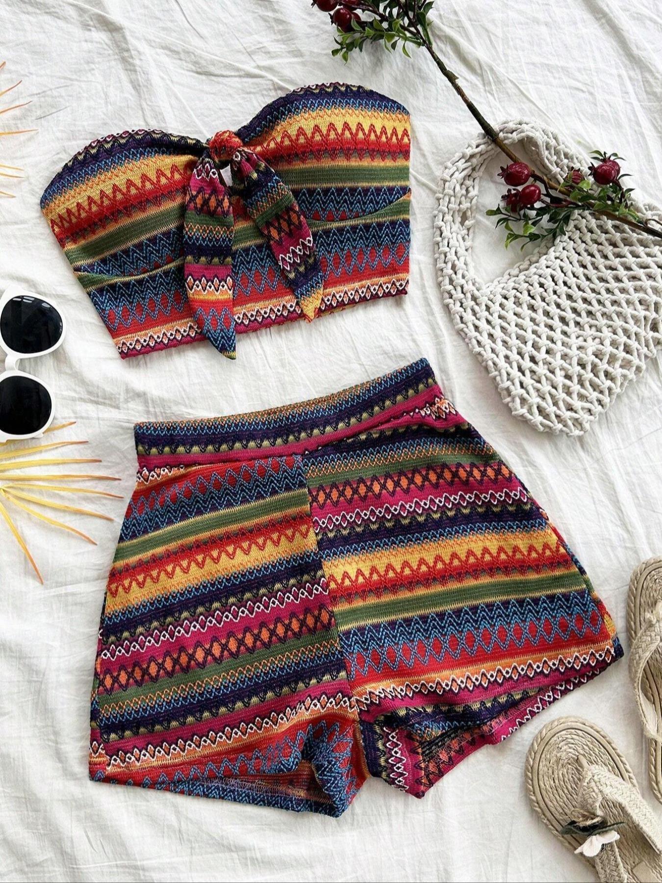 Women's Striped Pattern Crop Tube Top & High Waist Shorts Set, Casual Fashion Cozy Two Piece Set for Daily Outdoor Wear, Ladies Clothes for All Seasons Womenswear