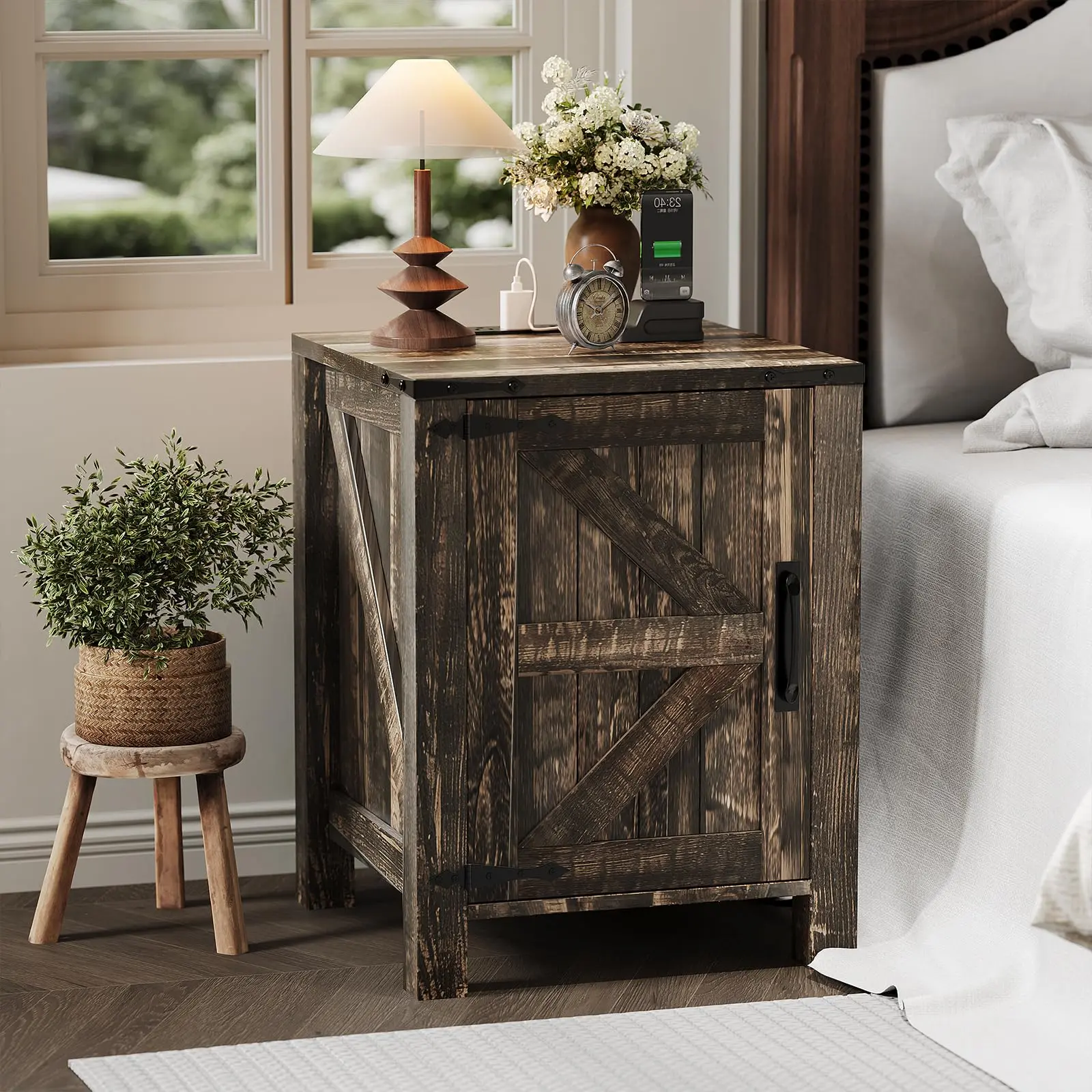 Set of 2 Farmhouse 18 Inch Nightstands with Built-In Charging Station, White & Brown Bedside Tables with Barn Door, 2 AC Outlets + 2 USB Ports & Adjustable Storage Shelf for Bedroom and Living Room