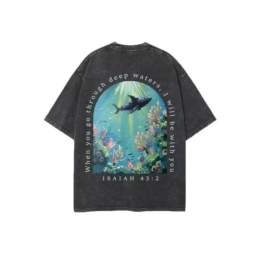 Isaiah 43:2 Shark Graphic T-Shirt - Christian Faith Deep Waters Bible Verse Vintage Washed Oversized Unisex Tee