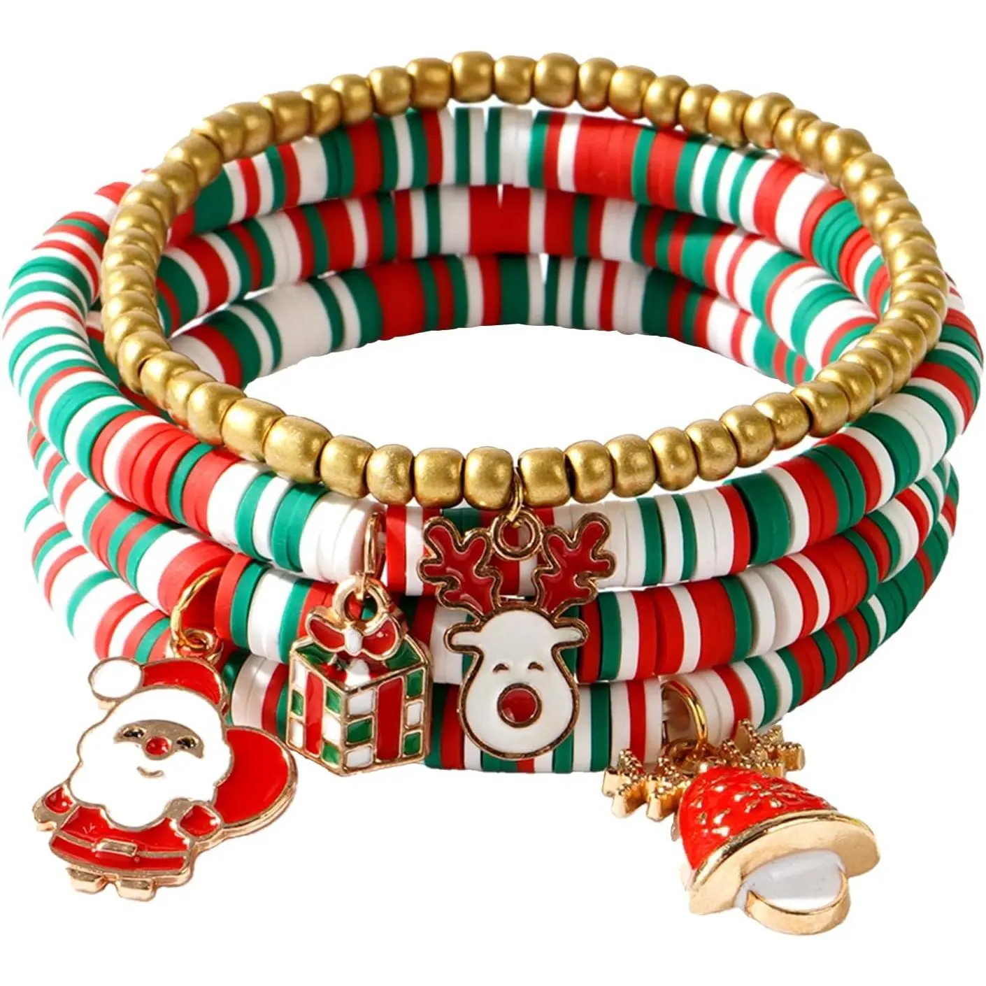 Christmas Gifts for Women,4PCS Heishi Beaded Charm Bracelets, Bohemian Santa Reindeer  Beaded Bracelet Stack Fashion Theme Party