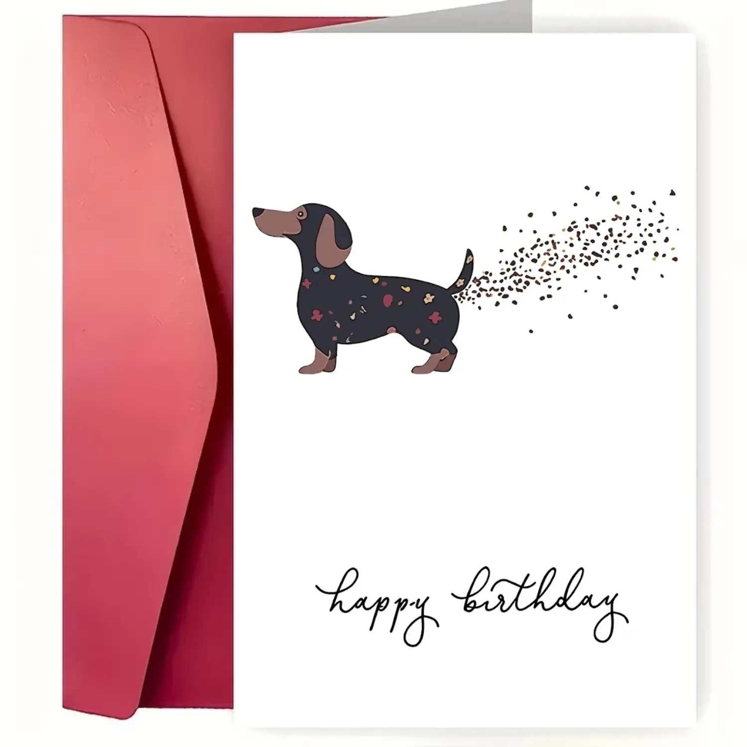 1-Piece Funny Dachshund Birthday Card – Playful pooch design (silly confetti "tail"!) + elegant "happy birthday" script. Cute, lighthearted vibe perfect for dog lovers. Includes bold red envelope – a whimsical, smile-inducing bday greeting!