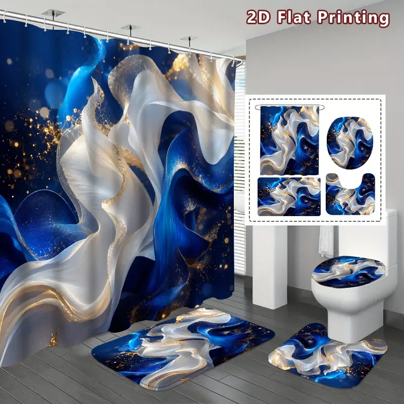 4-Piece luxury modern navy blue gold shower curtain bath mat set, suitable for bathing, including elegant wavy ribbons and hooks, U-shaped toilet cover cover - bathroom decorative toilet cover, home upgrade bathroom accessories