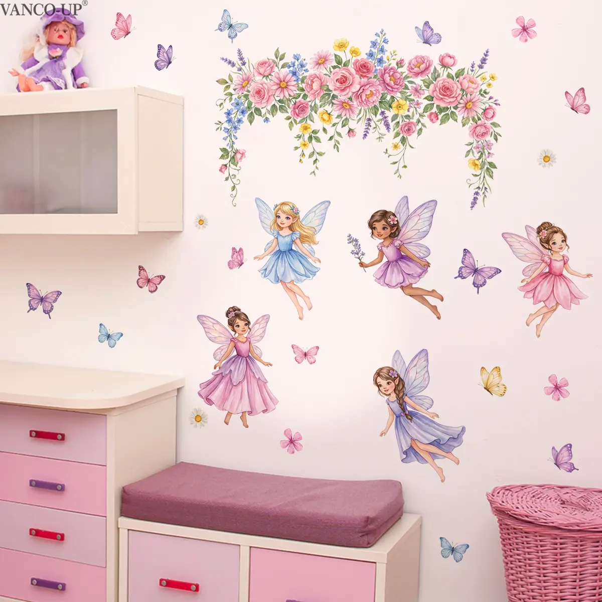 2Pcs Set (3090cm2pcs) Watercolor Flower Fairy Butterfly Self-Adhesive Wall Stickers, Decorative Sticker, Dreamy Soft Wall Decals for Girls & Princess Bedroom Background Decor