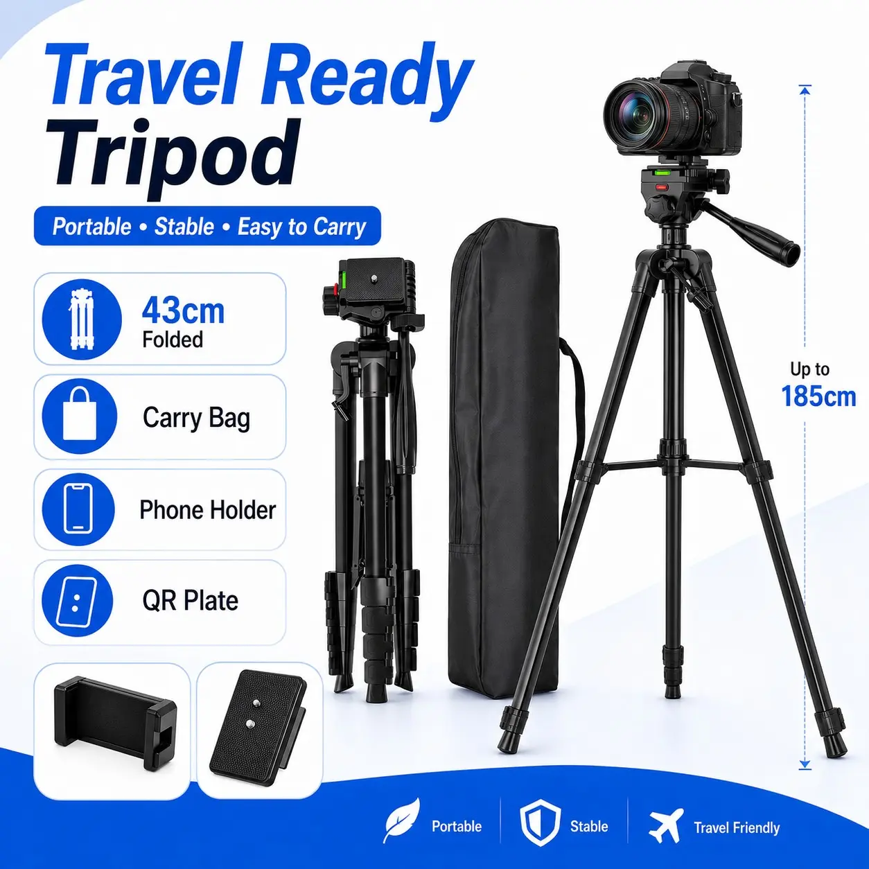 74 Inch Dslr Camera Adjustable Tripod, Lightweight Video Tripod Stand, Quick Release Plate, Ideal for Photography, Video Recording, Vlogging