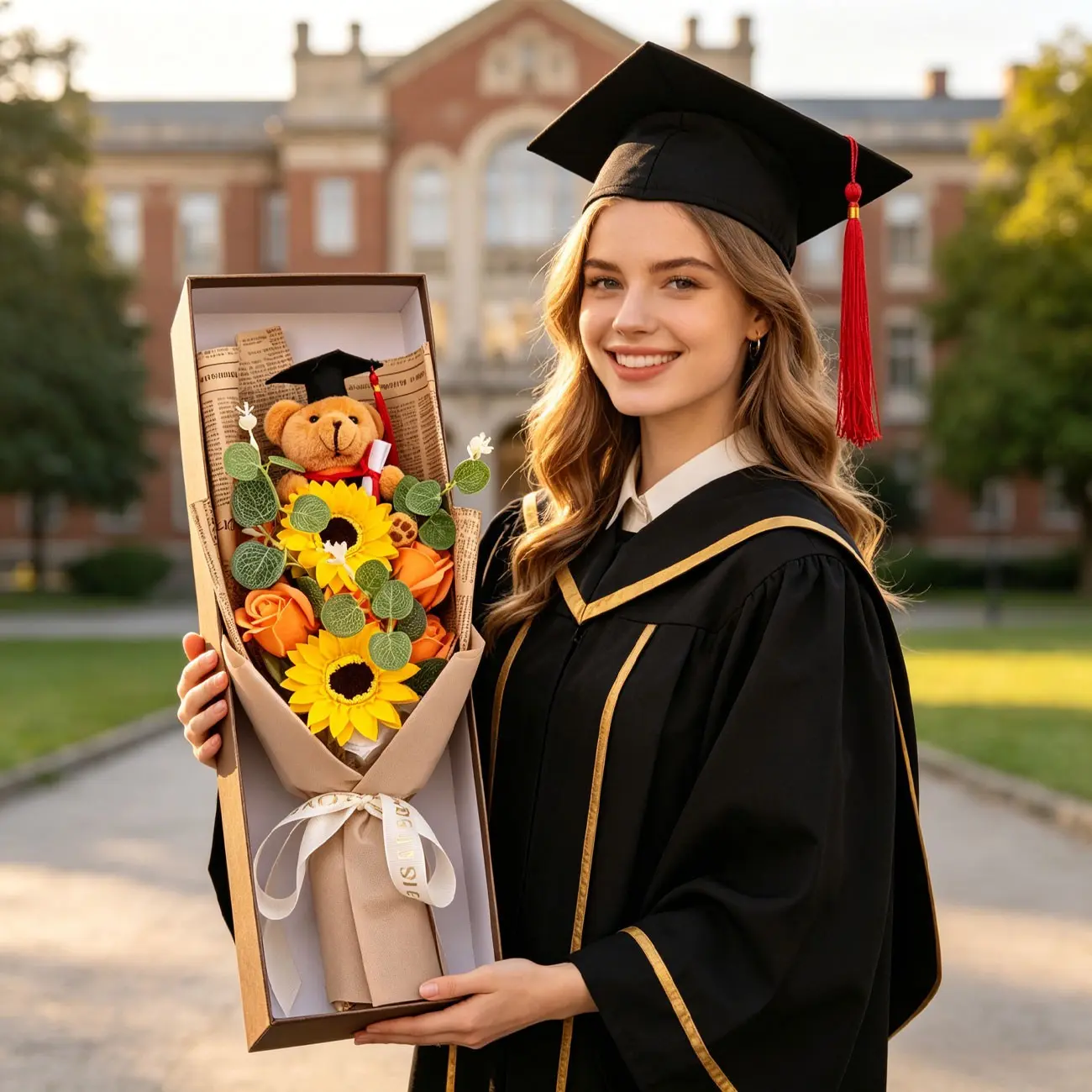 Creative Graduation Doctor Hat Sunflower Soap Flower Bouquet Gift Box, Class Gift, Grad Party Favors, Realistic Rose Preserved Flowers, Perfect for Graduation Season