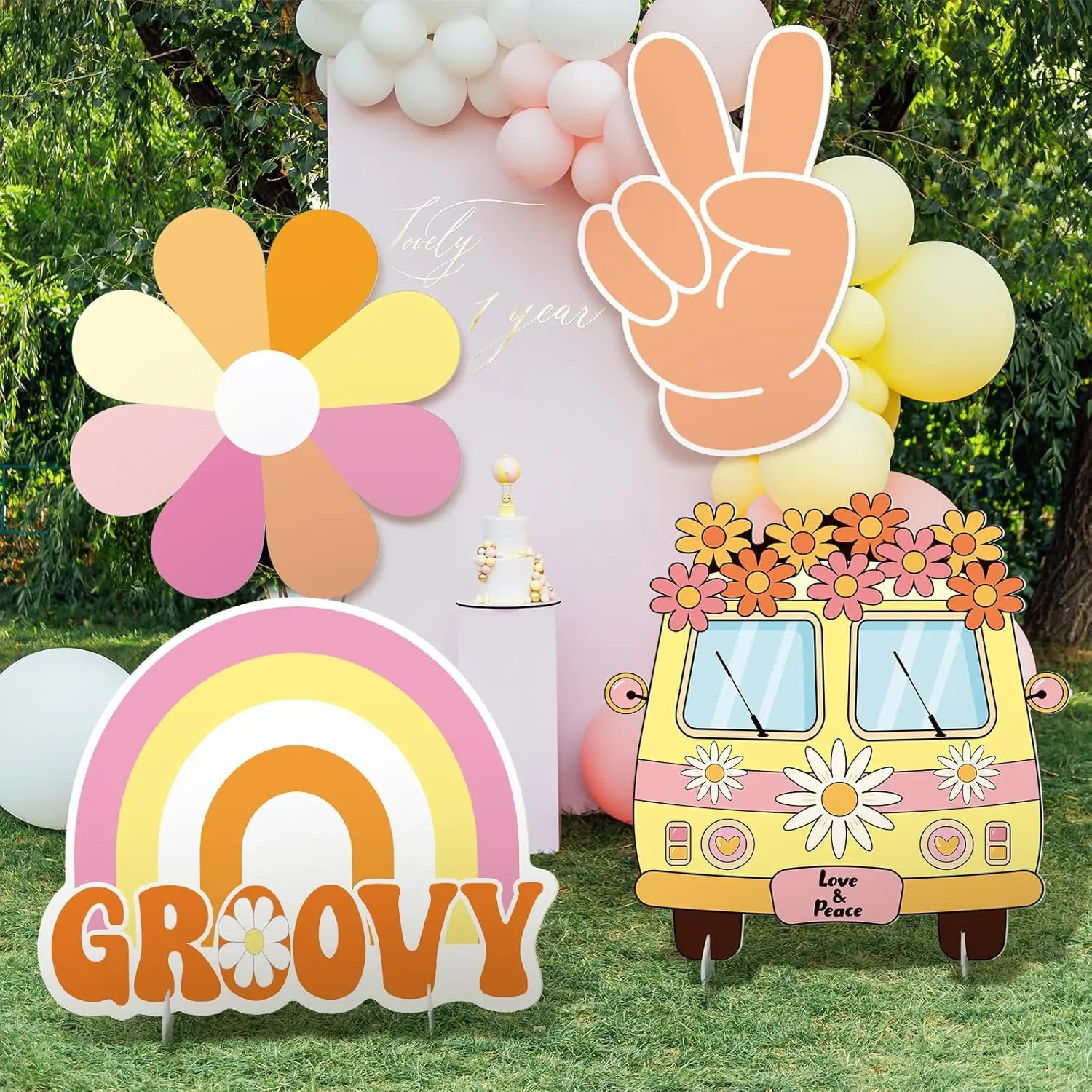 4 Pcs 24 Inch Large Hippie Photo Booth Props Retro Groovy Cardboard Cutout Party Decorations Boho Bus Daisy Peace Sign Hand Rainbow Frame Backdrop for 60s 70s Hippie Baby Shower Party Supply