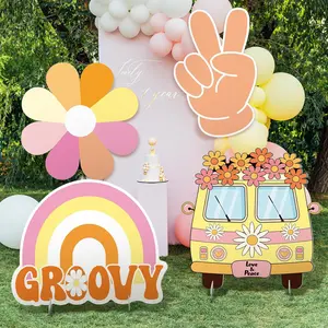 4 Pcs 24 Inch Large Hippie Photo Booth Props Retro Groovy Cardboard Cutout Party Decorations Boho Bus Daisy Peace Sign Hand Rainbow Frame Backdrop for 60s 70s Hippie Baby Shower Party Supply