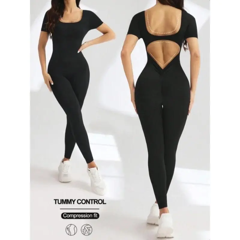 One piece seamless spandex U-neck short sleeved bodysuit with hip lifting, gym clothing, women's fitness jumpsuit,Padded,Tummy,Control