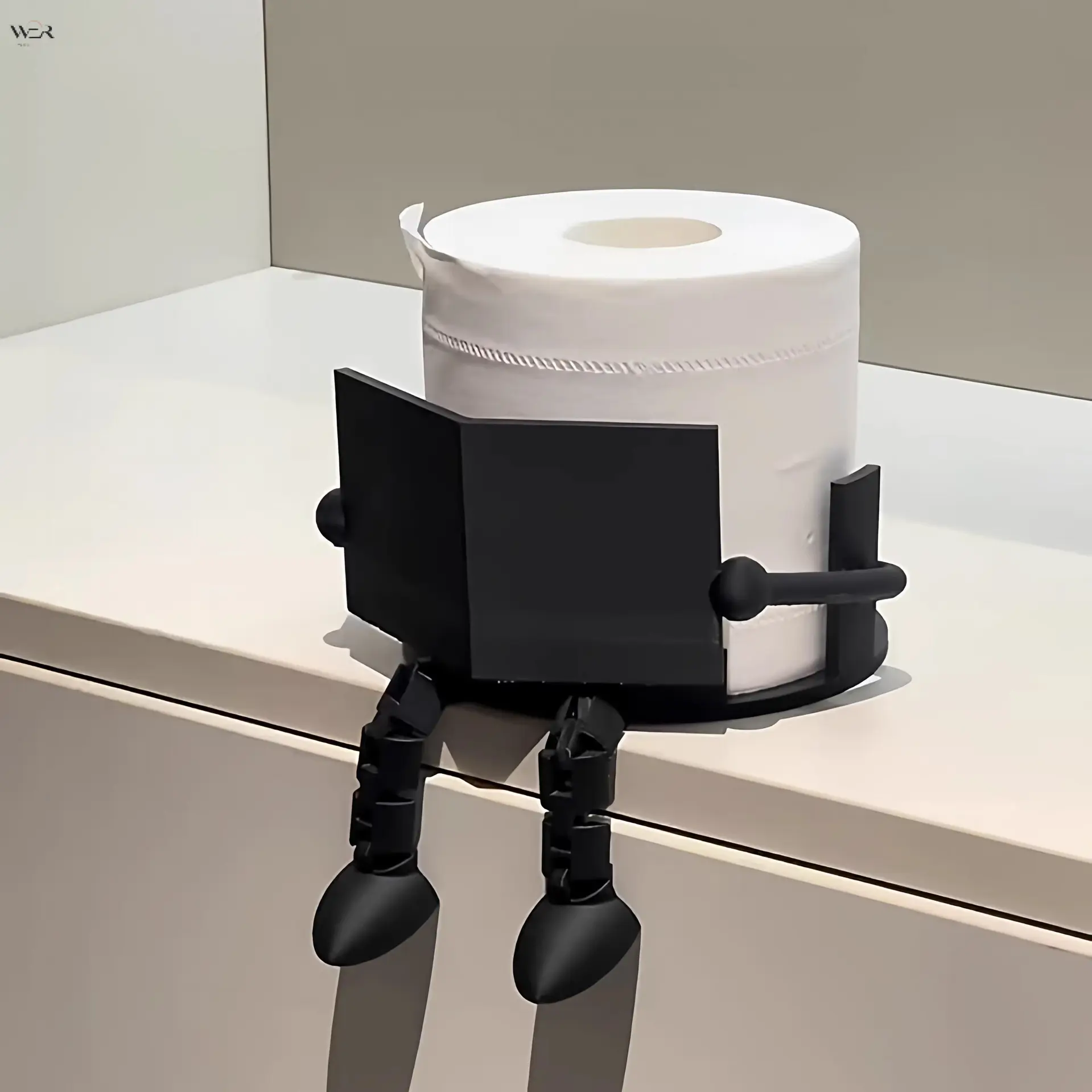 Black & White 2-Color Cute Reading Figure Plastic Toilet Paper Roll Holder - Smooth, Round, Waterproof Freestanding Bathroom Countertop Tissue Organizer, Wipe-Clean Minimalist Human-Shaped Vanity Decor, Adjustable Limbs Movable Home Accessory