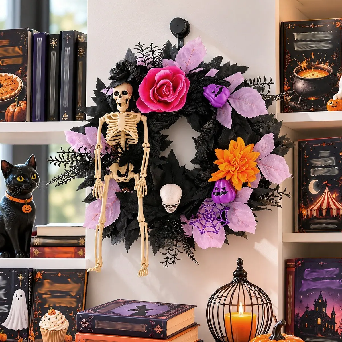 Halloween Skull Wreath, Halloween Decoration, Artificial Flower Wreath, Door Hanging, Fence, Porch, Balcony, Wall, Outdoor Decor