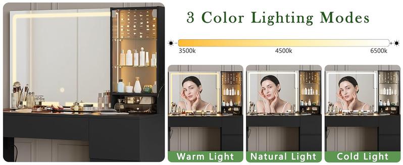 wanan 41" Vanity Desk with Glass Top, Black Vanity with Mirror and Lights, Power Outlet, Jewelry Storage, 3 Adjustable Lighting Modes, Makeup Vanity with 2 Drawers for Bedroom