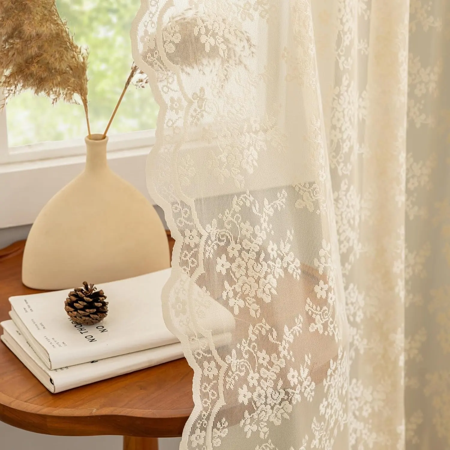 Soft Lace Vintage Floral Beige Sheer Curtain Pair Pack, 52in W x 84in L Light Filtering Drapes, Grandma Core Decor for Living Room Bedroom