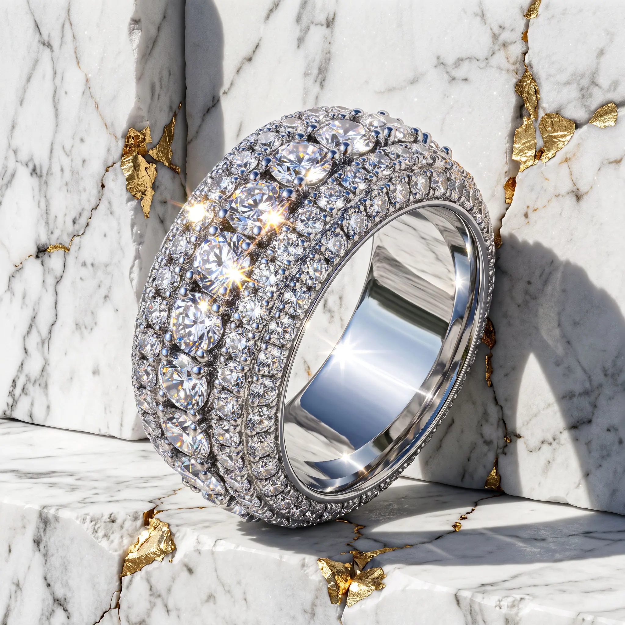 Brilliant Multi-Row Moissanite Pave Eternity Band in Solid 925 Sterling Silver with Thick Silver Plating, Luxury Ring for Women Men