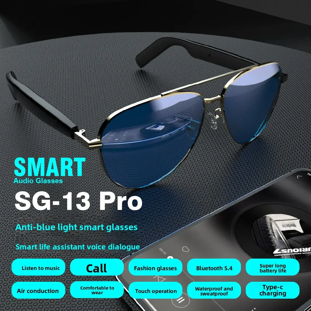 Al Bluetooth smart glasses, Multifunctionallsmart glasses, supporting multi-languagetranslation apps, music glasses, in-earautomatic detection switch, sweat proof,sunscreen sunglasses, suitable for travel,navigation, meetings, business