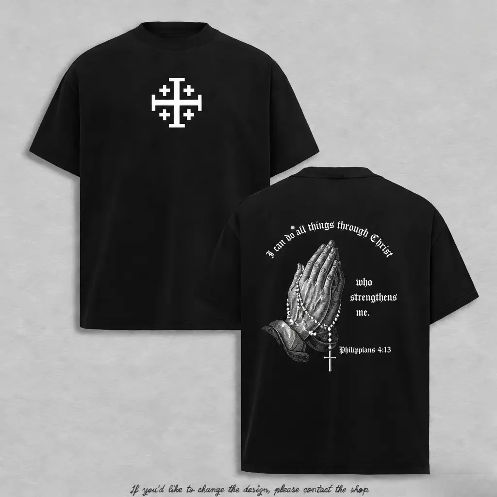 Rosary Praying Hands Philippians 4:13 Christian T-Shirt, Front Classic Jerusalem Cross Chest Graphic, Back Vintage Engraved Prayer Hands With Cross Rosary Scripture Verse, Gothic Minimal Religious Oversized Streetwear Cotton Tee-ZB