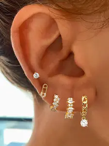 5Pcs Classic 24K Gold Plated Cubic Zirconia Stud Earrings Set Earring Stacks For Women Zircon Hoop Earrings Pack Drop Dangle Earrings Stack Earring Stacking Set