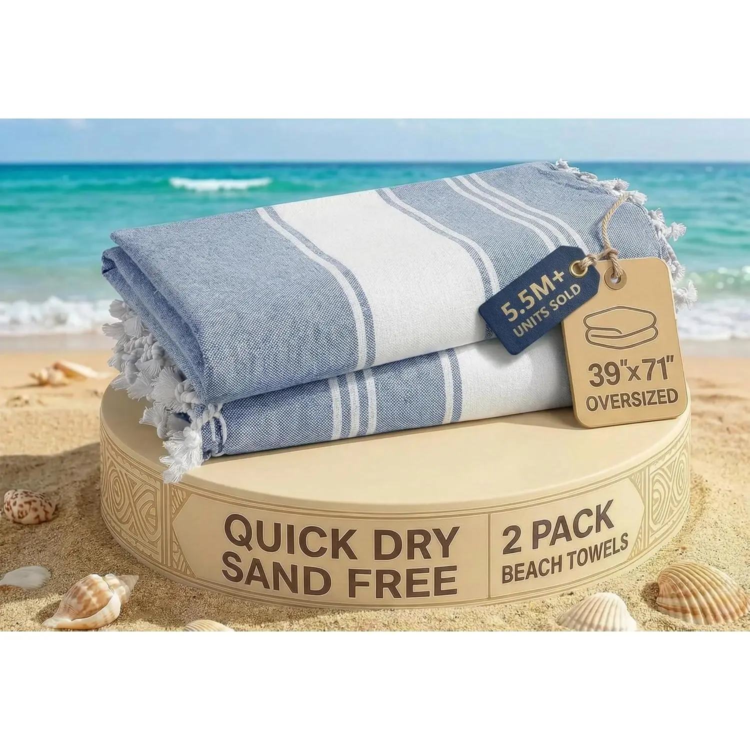 Turkish Beach Towels, 2 Pack Extra Large Beach Towel, Pre-Washed for Soft Feel, Oversized Sand Free Quick-Dry Pool Towel, Beach Towels for Adults, 39"x71" - Forever Blue