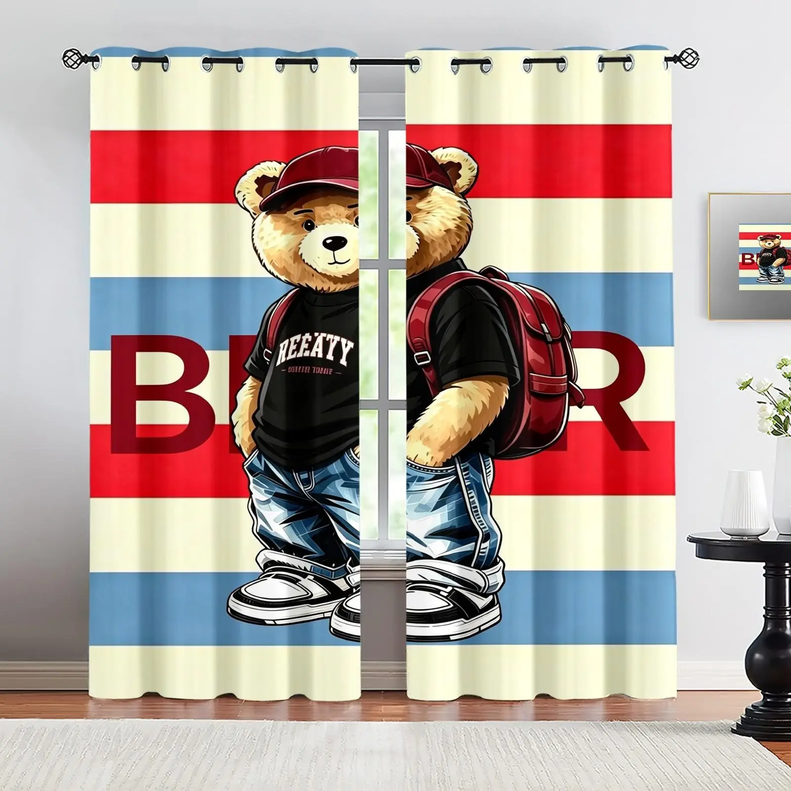 Fashionable teddy bear pattern, 2-piece curtain set, suitable for living room, balcony, and bedroom windows, perfect for home, seasonal, holiday room decoration