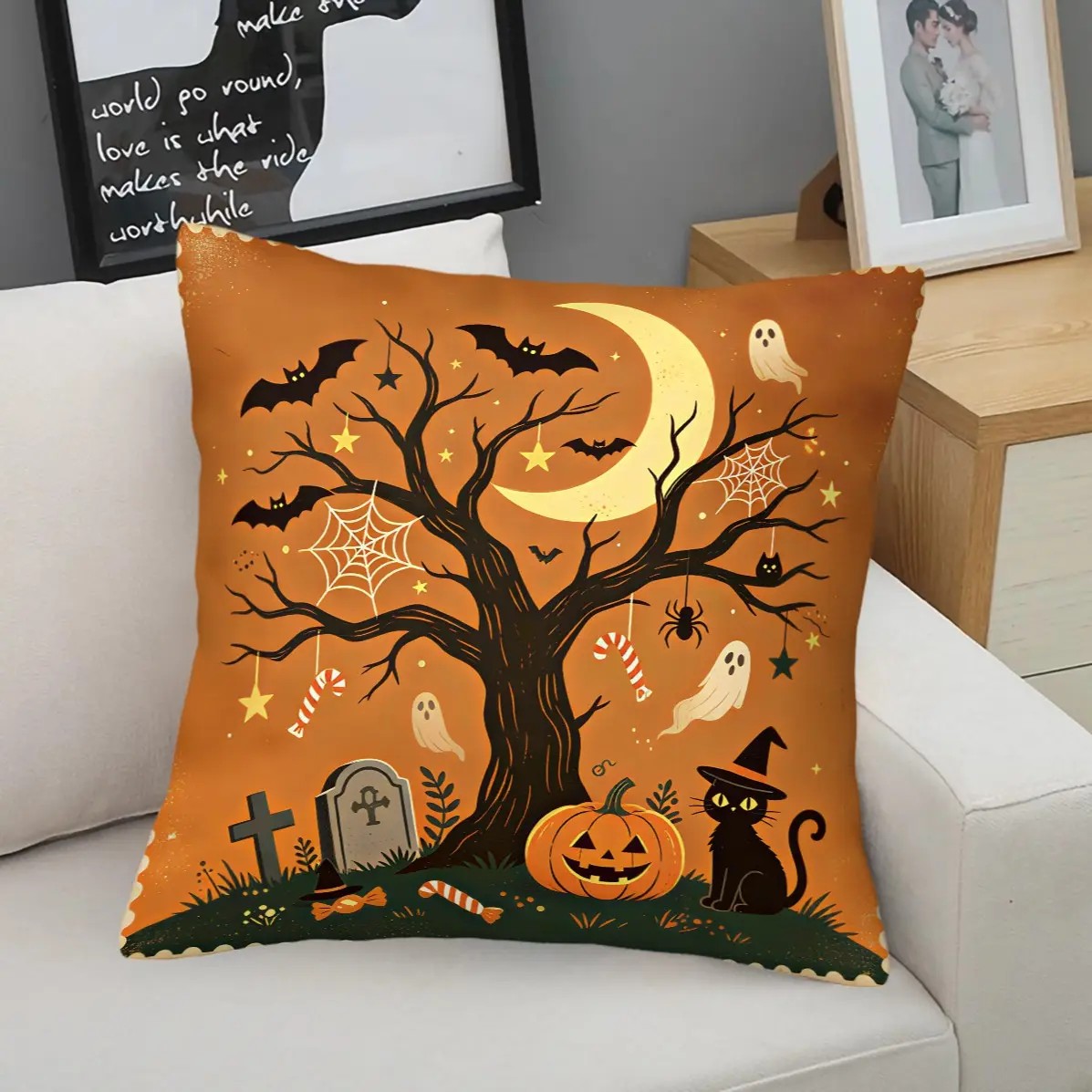 45x45cm 1Pc Chalk Drawing Black Cat Bat Throw Pillow, Washable, Trend Print, Full Plush Insert Ideal Halloween Bestie Gift For Bedroom Decor (With Pillow Insert)