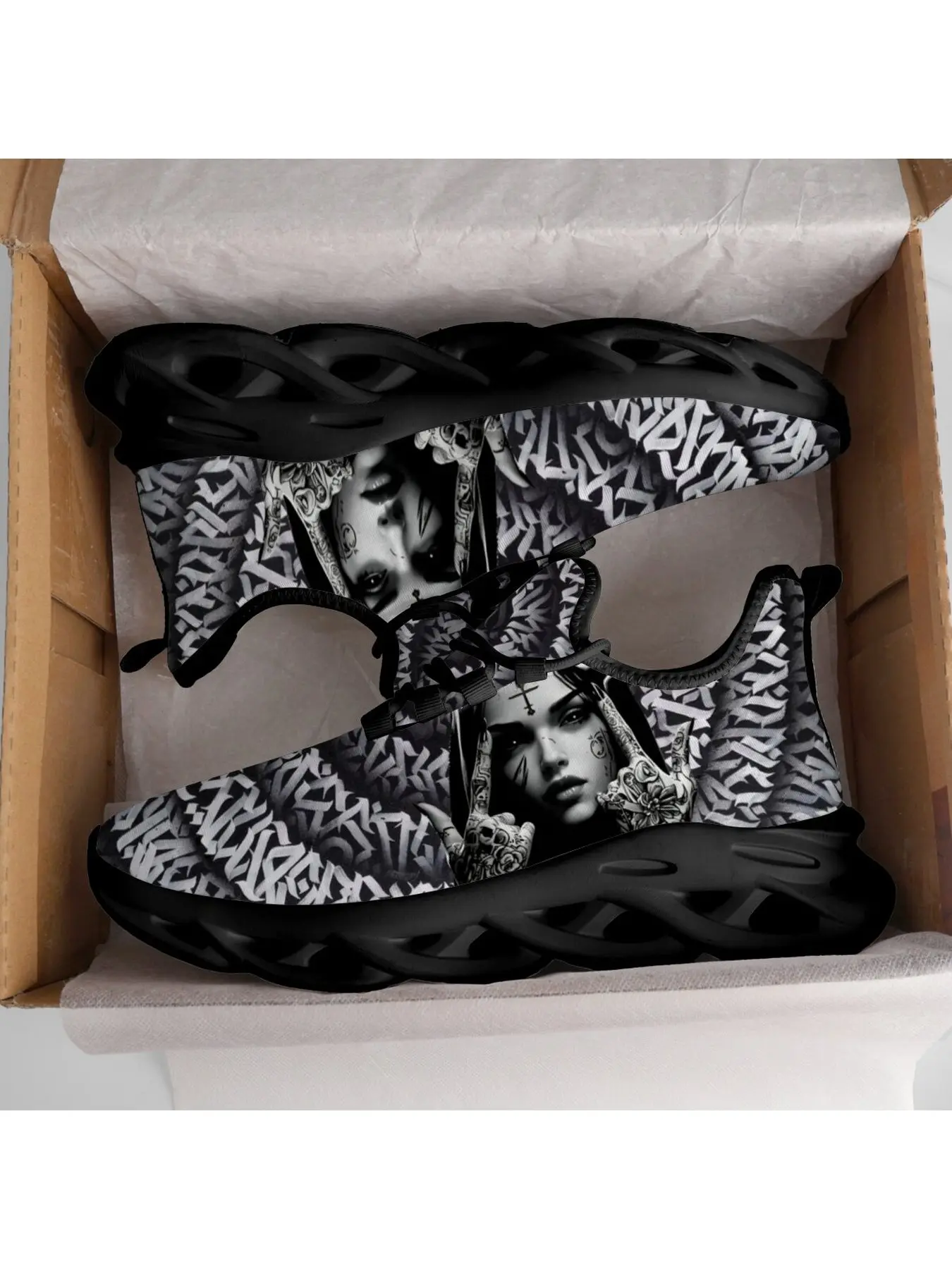 Nun Cross Tattoo Black White Design Men'S Lace Up Running Shoes Surrounding Abstract Graffiti Font Pattern Dark Street Hip Hop Fashion Sports Shoes Unisex Walking Footwear Casual Athletic Trainers