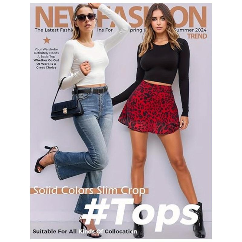 Womens Long Sleeve Crop Top Scoop Neck Sexy Slim Fitted Casual Base Layer Lightweight Soft Workout Shirt Going Out Tops