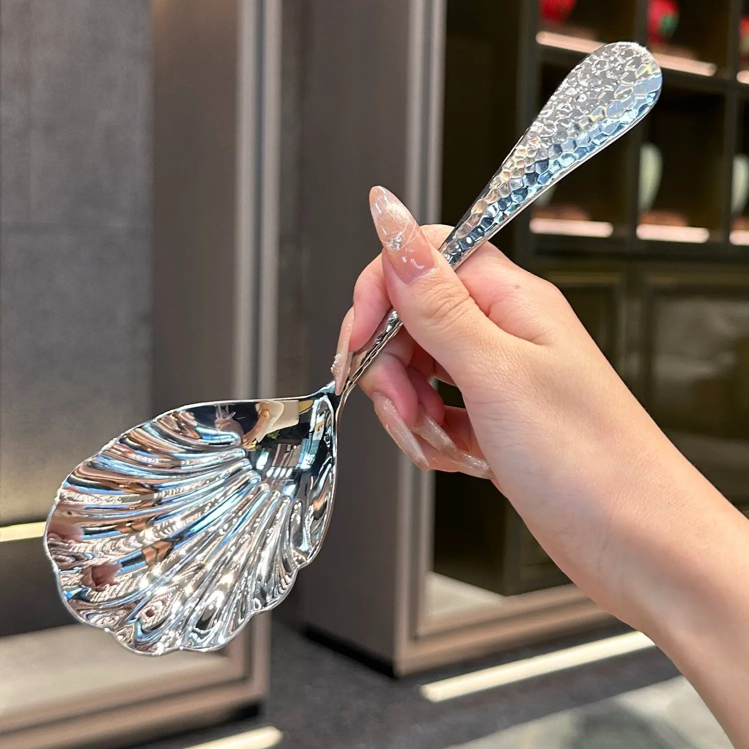 Hammered Shell Spoon Stainless Steel Tableware Public Spoon Restaurant Hotel Serving Spoon Luxurious Soup Spoon Home Large Spoon Set