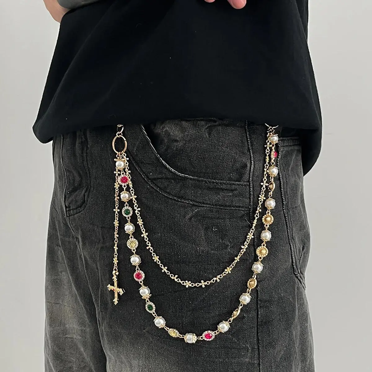 Salircon New Exquisite Luxury Cross Pendant Imitation Pearl Keychain Belt Chain Men Punk Trousers Jean Chain HipHop Jewelry Gift