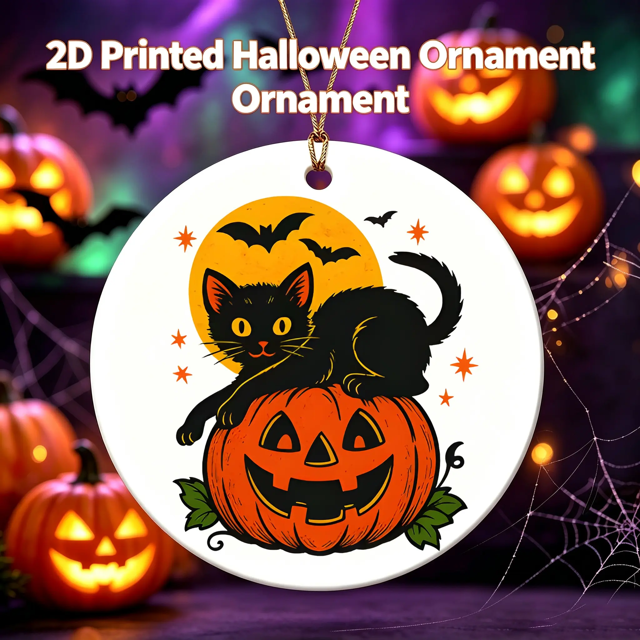 Halloween Style Ceramic Ornament Black Cat On Pumpkin Design Ceramic Hanging Decoration For Home Party Decor 3 Inch
