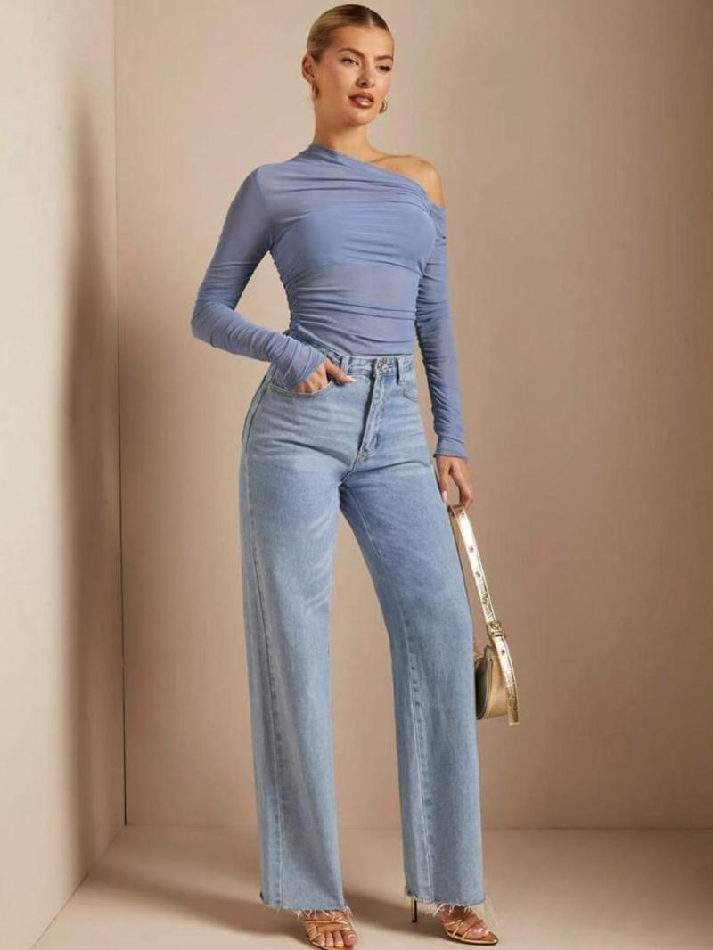 Women's Plain One Shoulder Tee, Trendy Casual Long Sleeve T-shirt for Daily Wear, Ladies Summer Outfit