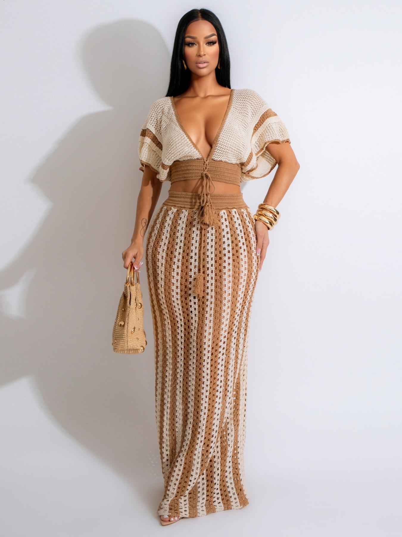 Two-piece Set Women's Colorblock Top & Striped Pattern Hollow Out Long Skirt, Casual Fashion Knitwear Set for Summer, Women's Clothing for Beach Vacation, Outfit Clothe Matching Skirt Set