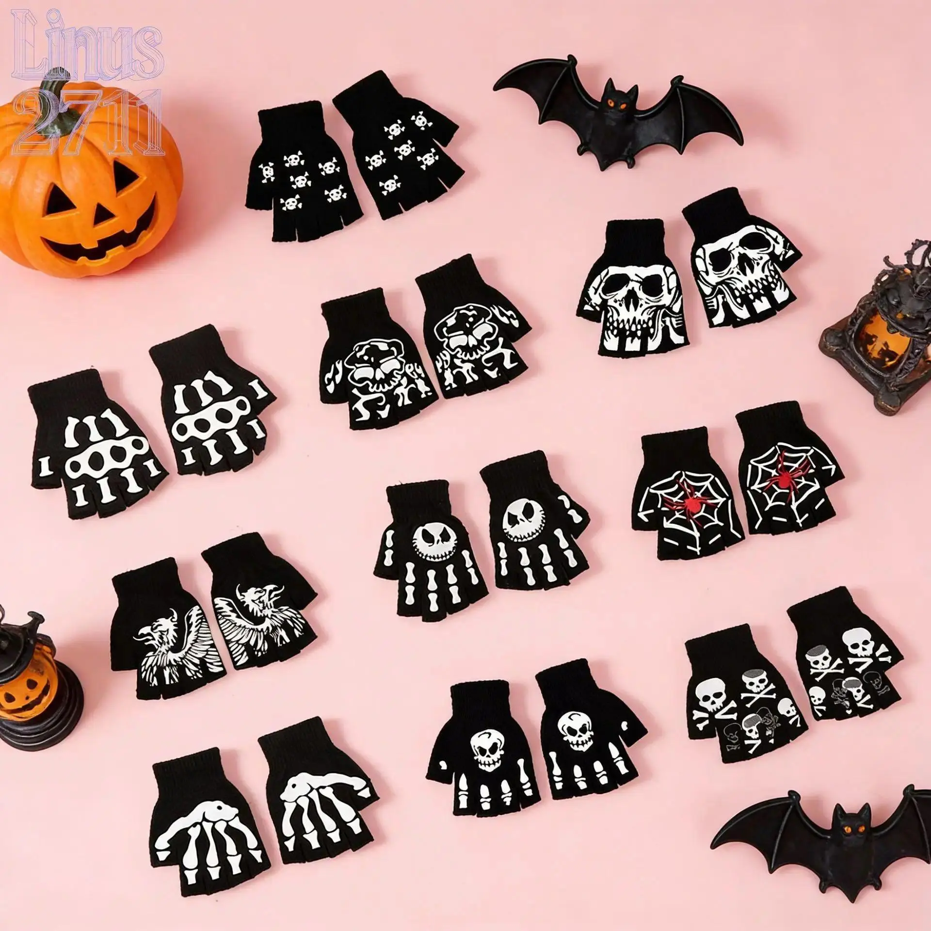 Halloween Skeleton Fingerless Knit Gloves for Women & Men, Gothic Skeleton Bone Print Half Finger Gloves with Non-Slip Silicone Grip Palm, Soft Stretch Warm Gloves for Cosplay, Costume Party, Gaming, Typing, Driving, Fall & Winter Accessory