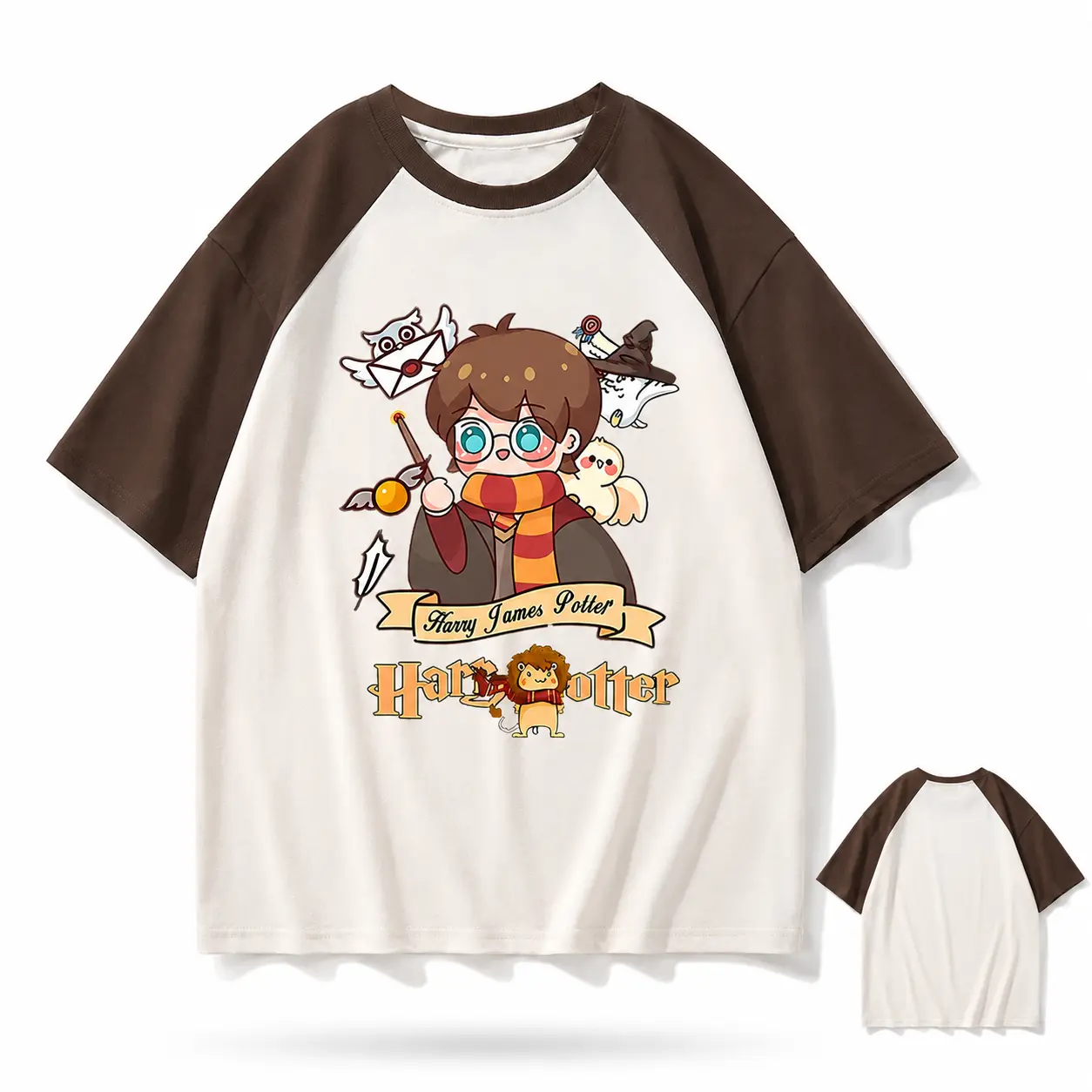 Harry Potter Graphic Raglan Tee, Unisex Short Sleeve T-Shirt, Kawaii Wizard Cartoon Print, Brown Cream Colorblock, Crew Neck Relaxed Fit, Bookish Casual Top, Back to School Outfit, Gift for Fans