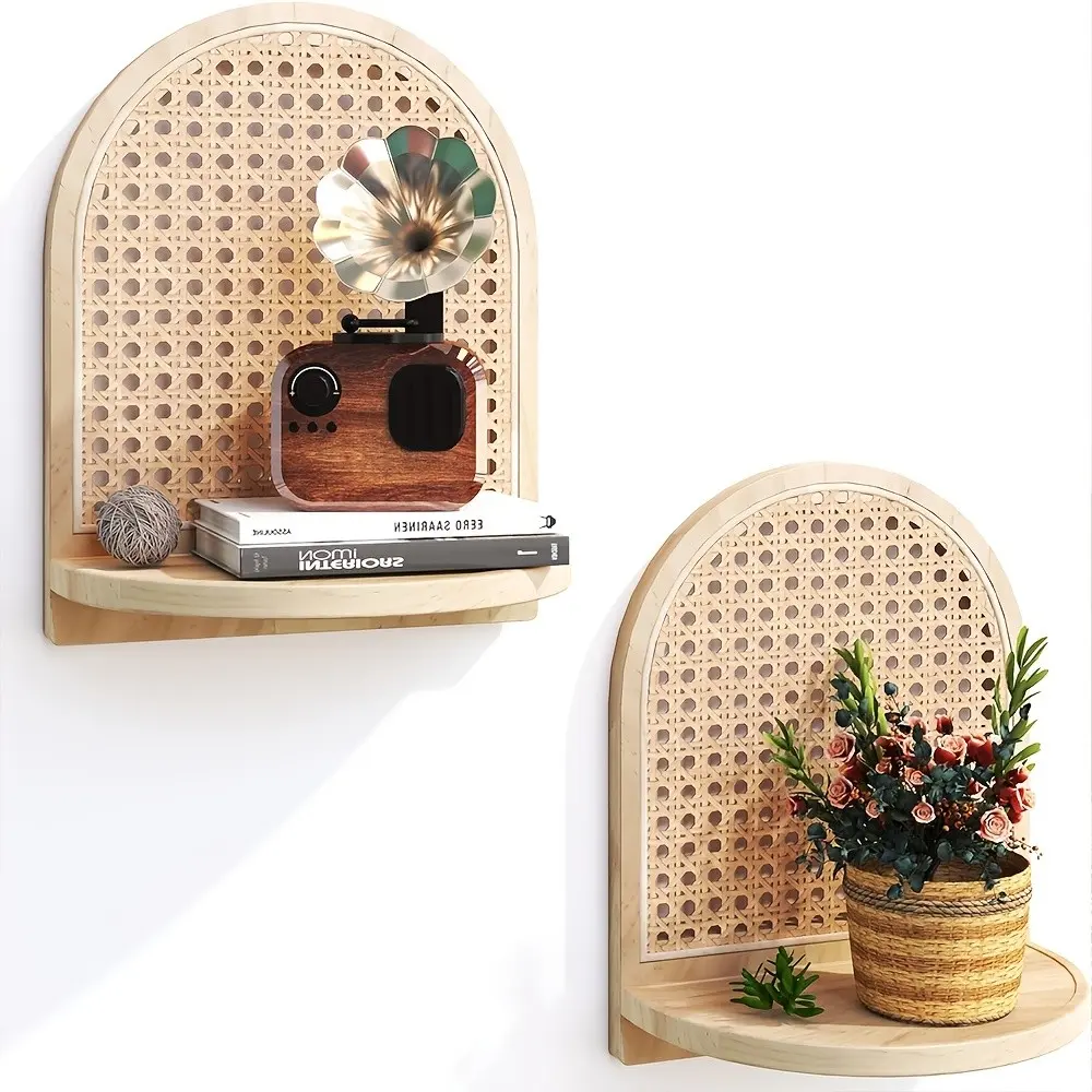 1pc Suspended Shelf Natural Rattan Rack with Willow Decor, Bohemian Wall Decoration, Unique Design, Small Space Organizer
