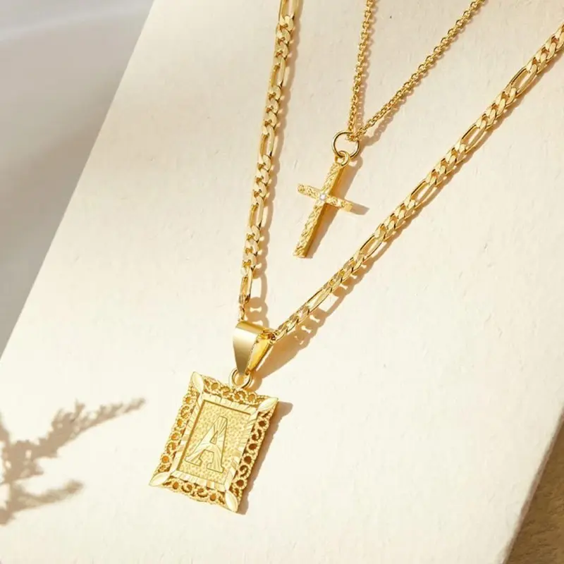 Viral Aesthetic Unisex Double‑Layer Square Cross Letter Necklace, 26‑Letter Pendant, Street‑Style Layering Everyday Wear Jewelry, Sentimental Gift for Him & Her for Birthday Anniversary