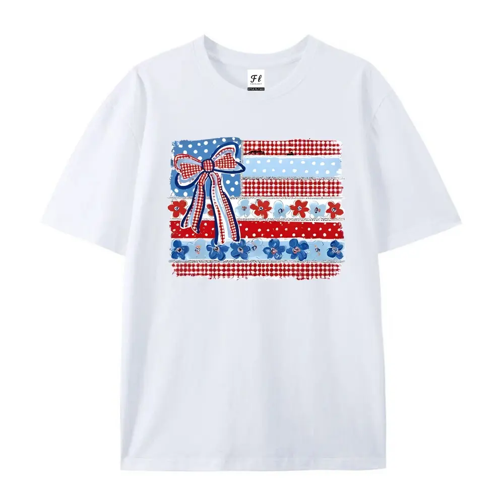 Coquette American Flag T-Shirt, Red White Blue Floral Bow USA Flag Graphic Tee, 4th Of July Casual Women Short Sleeve Top