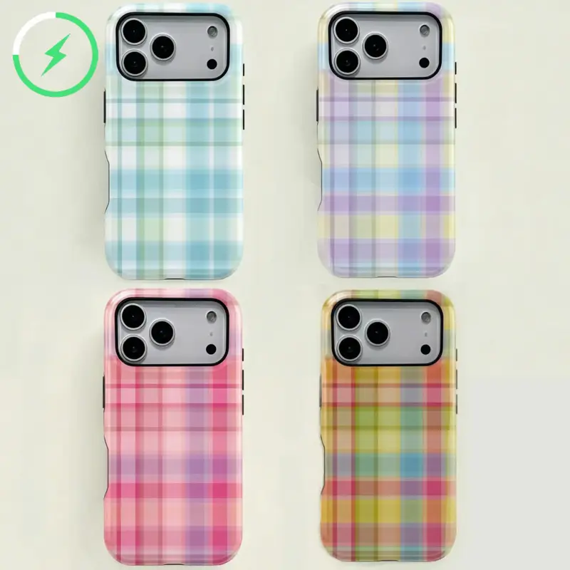 Colorful Plaid Pattern Retro Square Phone Case, Candy Color Print, Durable Two-In-One Protection, Fits iPhone 17-12 Pro