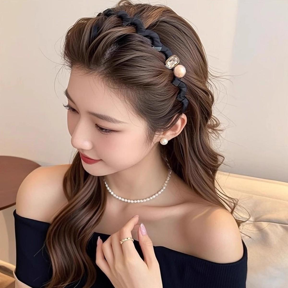 3pcs Pearl and Rhinestone High Crown Wave Headband with Teeth, Non-slip Face Wash Hair Clip, New Style Women's Comb Headband