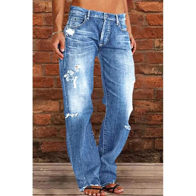 Women's Plus-Size Oversized Baggy Denim Pants - Mid-Rise, Ripped Straight-Leg, 90s Hippie Streetwear, Bleached, Knitting Detail, Button Closure, Pocket, Cold Wash, Casual Sports & Outdoor Bottoms, Plussize