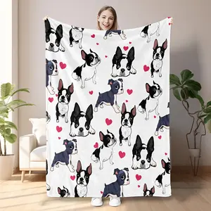 Cozy Boston Terrier & French Bulldog Dog Blanket - Soft Flannel Bedspread With Boston Print, - Couch Throw For Pet Lovers, Gift For Dog Moms & Grandma, Machine Washable Bed Covering