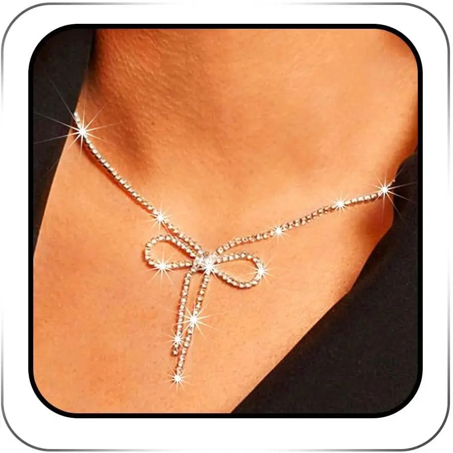 Rhinestone Bow Necklace   for Women |  Bow Tie Choker Necklaces,Sparkly  Dainty Tennis Chain,Fashion Prom Costume Accessories