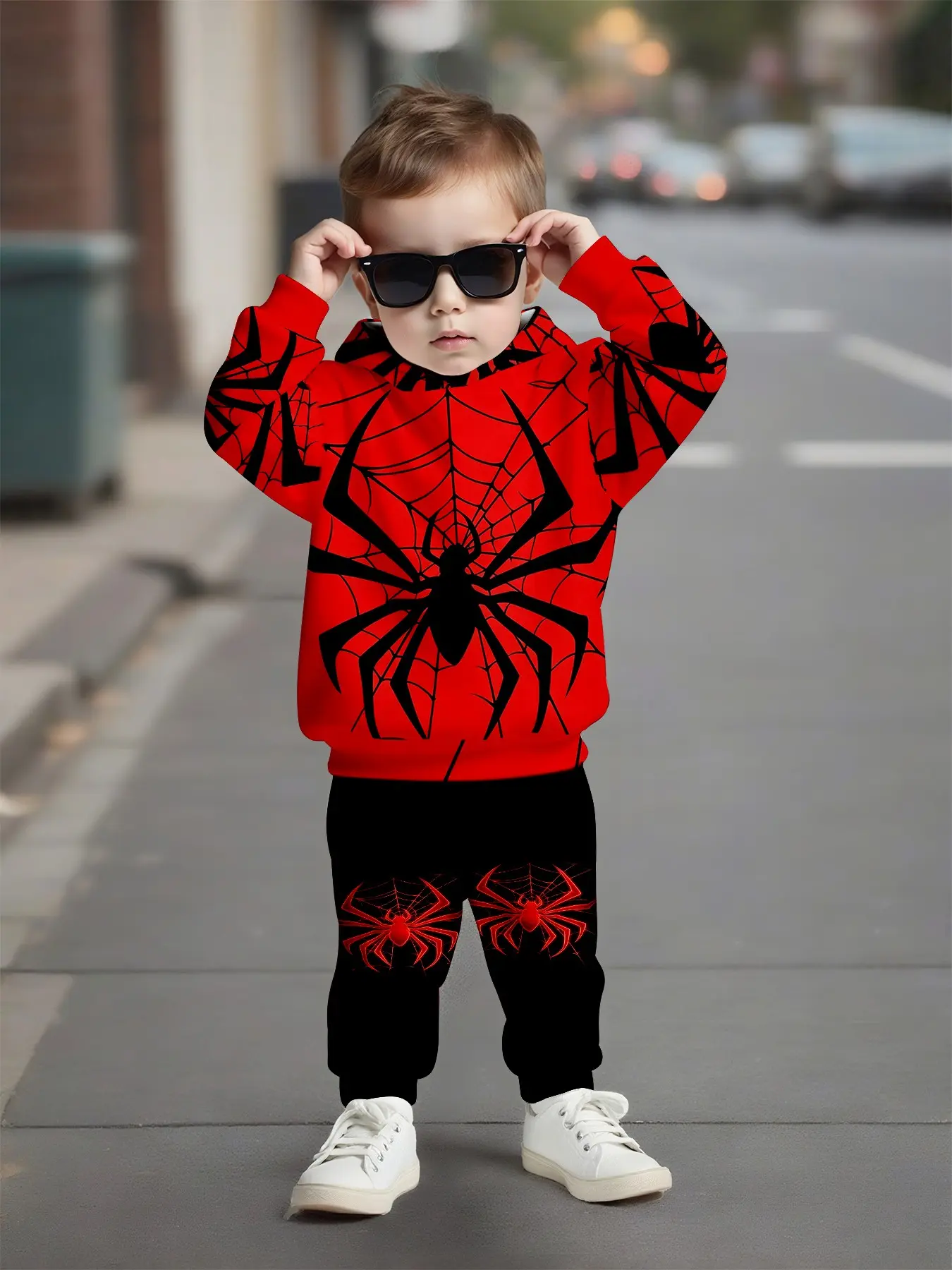 Spider Hoodie Set, Casual Long Sleeve Sweatpants, Loose-Fitting All over Print, Fall & Winter Fashion