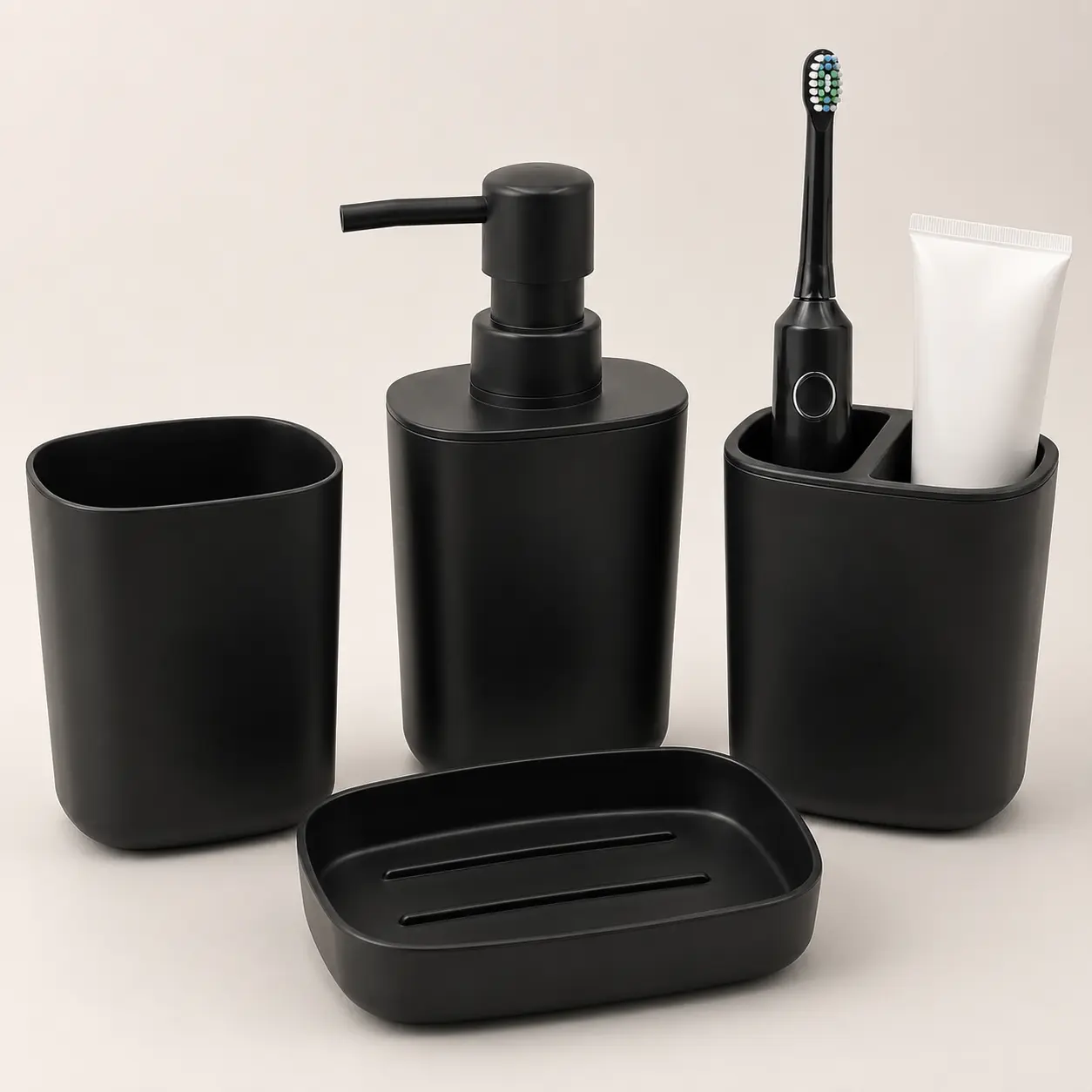 Matte Black 4-Piece Bathroom Accessories Set - Soap Dispenser, Toothbrush Holder, Rinse Cup, Soap Dish with Advent, Calendar, Black,Wooden,Kraft,Kids,Panther,Vintage,Solar,hd,Hinged,mail,industrial,flash