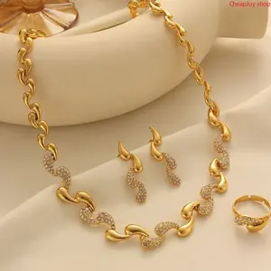 Gold Teardrop Alloy 3Pcs Jewelry Set, polished metallic matching necklace earring bracelet combo, classic Middle Eastern ornament for religious festivals, daily formal wear and boutique bulk wholesale sourcing