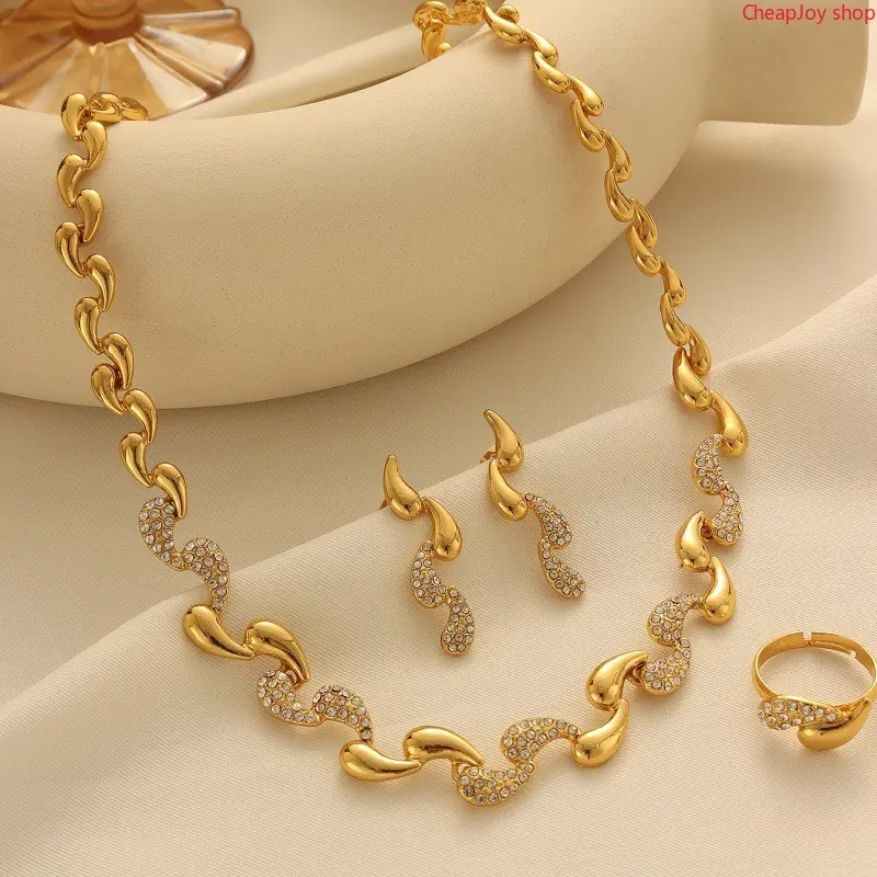 Gold Teardrop Alloy 3Pcs Jewelry Set, polished metallic matching necklace earring bracelet combo, classic Middle Eastern ornament for religious festivals, daily formal wear and boutique bulk wholesale sourcing