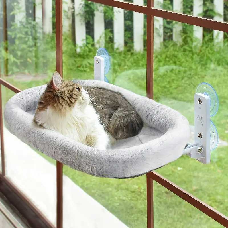 Wireless Cat Window Seat with 4 Strong Suction Cups, Foldable Cat Bed, Soft Cushion, Space Saving Indoor Cat Hammock