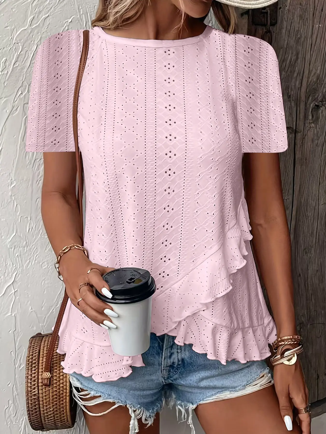 Ten Color Options Hollow Out Embroidery Asymmetrical Irregular Ruffle Top, Round Neck Short Sleeve Loose Fit Summer T-Shirt, Casual Streetwear