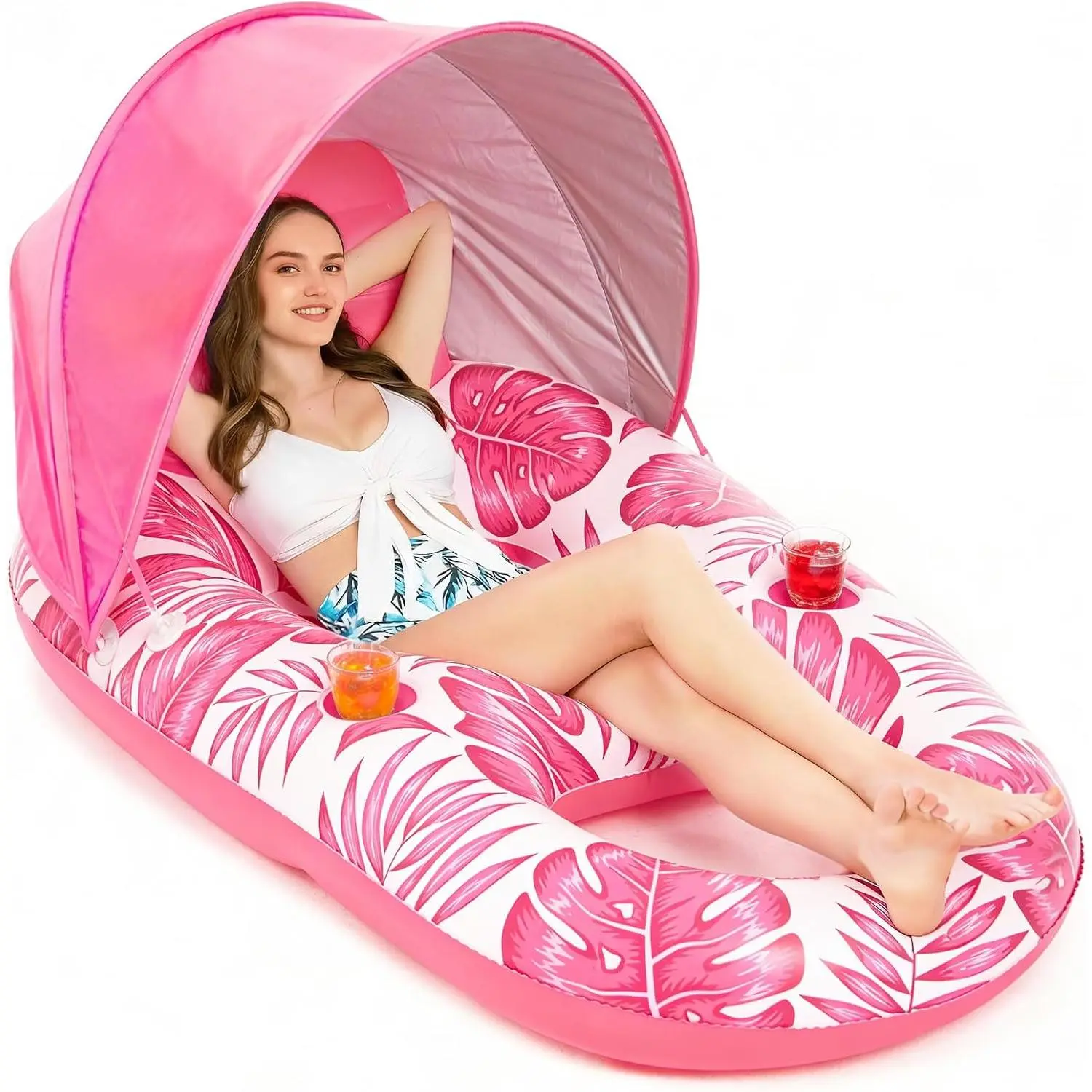Inflatable Pool Float with Canopy - Adult Lounger Raft Floating Chair with Cup Holders for Swimming Pool, Lake, Beach - Pool Party Toys for Adults, Water Lounge Floaties