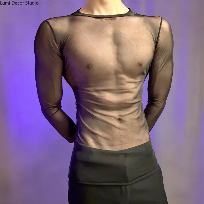 Men's Sheer Fitted Top - Ultra-Thin Transparent Stretch Shirt with Slim Fit Design for Costume Parties, Stage Looks and Private Lounging